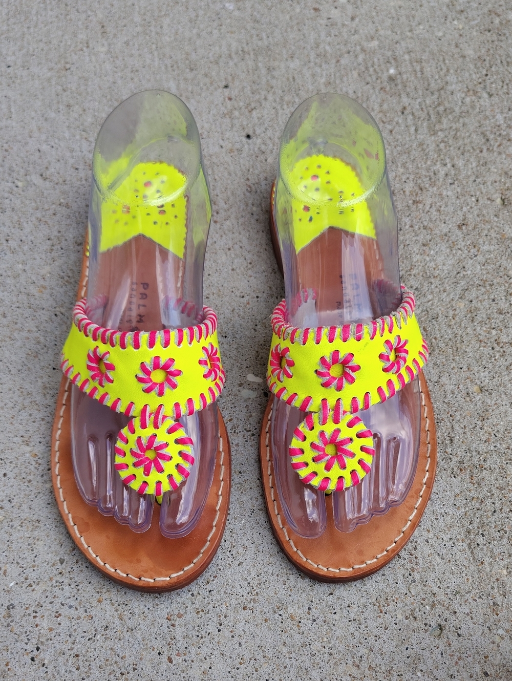 Palm Beach Luxe Crafted Leather Neon Green Pink Sandals Size 8 Beachy Bohemian